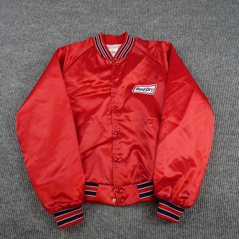 Vintage Bud Dry Jacket Mens Large Red Nylon Satin Varsity Bomber Beer Draft USA